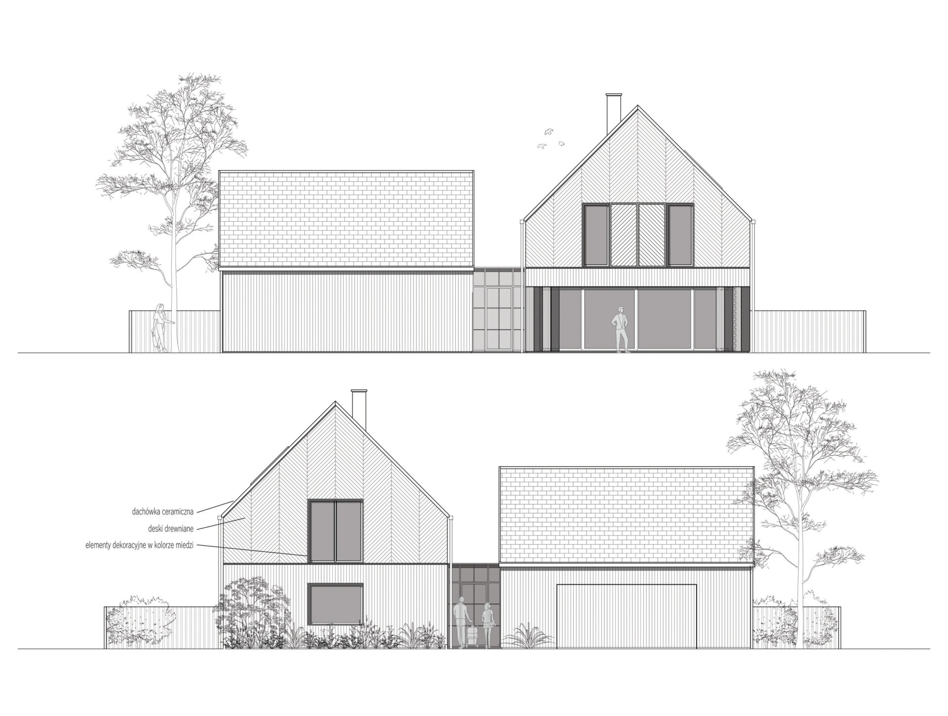 Koncepcja architektoniczna - rysunki elewacji domu jednorodzinnego, elewacja drewniana.
