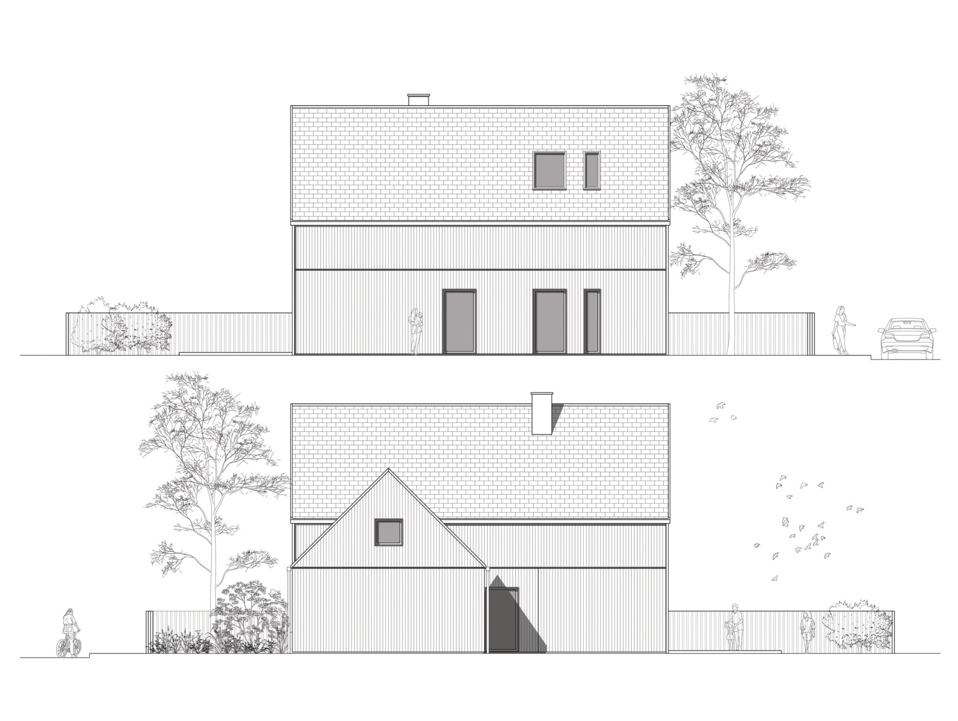 Koncepcja architektoniczna - rysunki elewacji domu jednorodzinnego, elewacja drewniana.