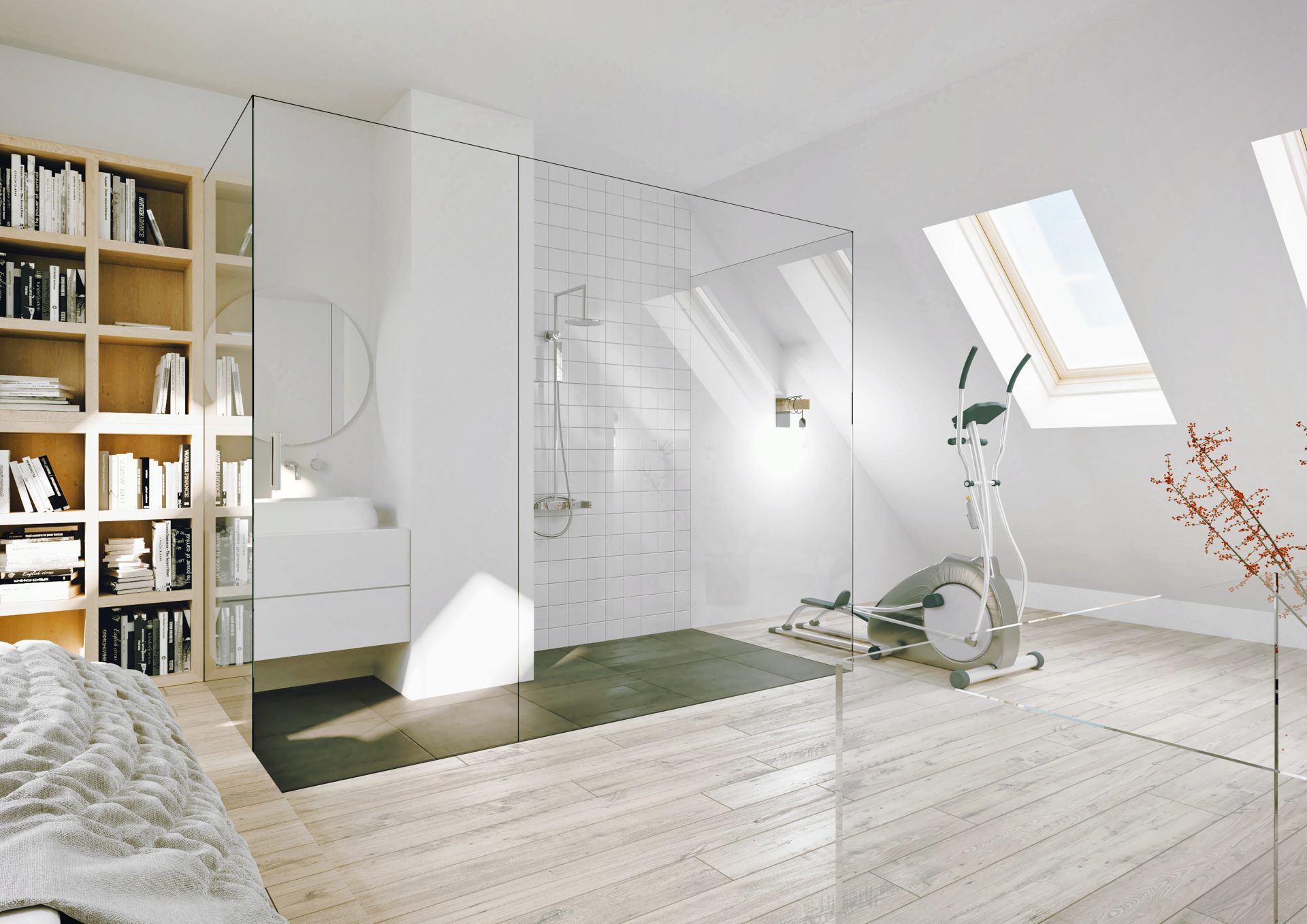 Projekt przestrzeni głównej sypialni rozbudowany o indywidualną łazienkę i prywatną siłownię.
