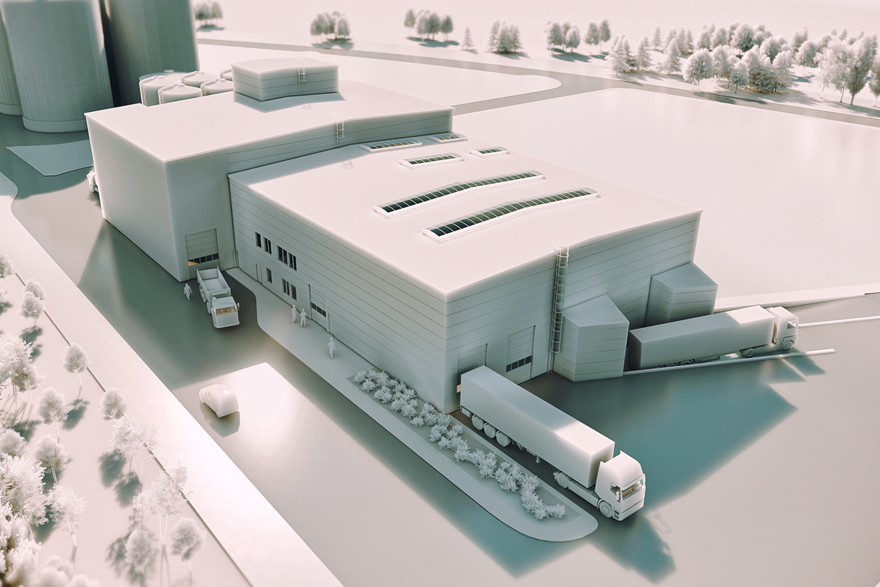 Projekt budowlany hali przemysłowej słodowni w Strzegomiu, wizualizacja, widok z góry
